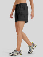 A model wearing black cargo-style athletic shorts 