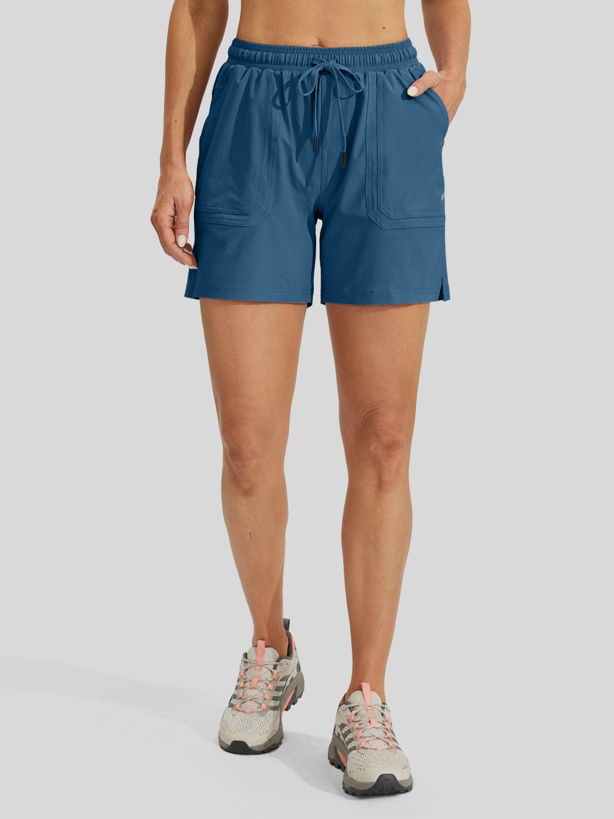 A model from the waist down wearing lightweight drawstring shorts front-view 