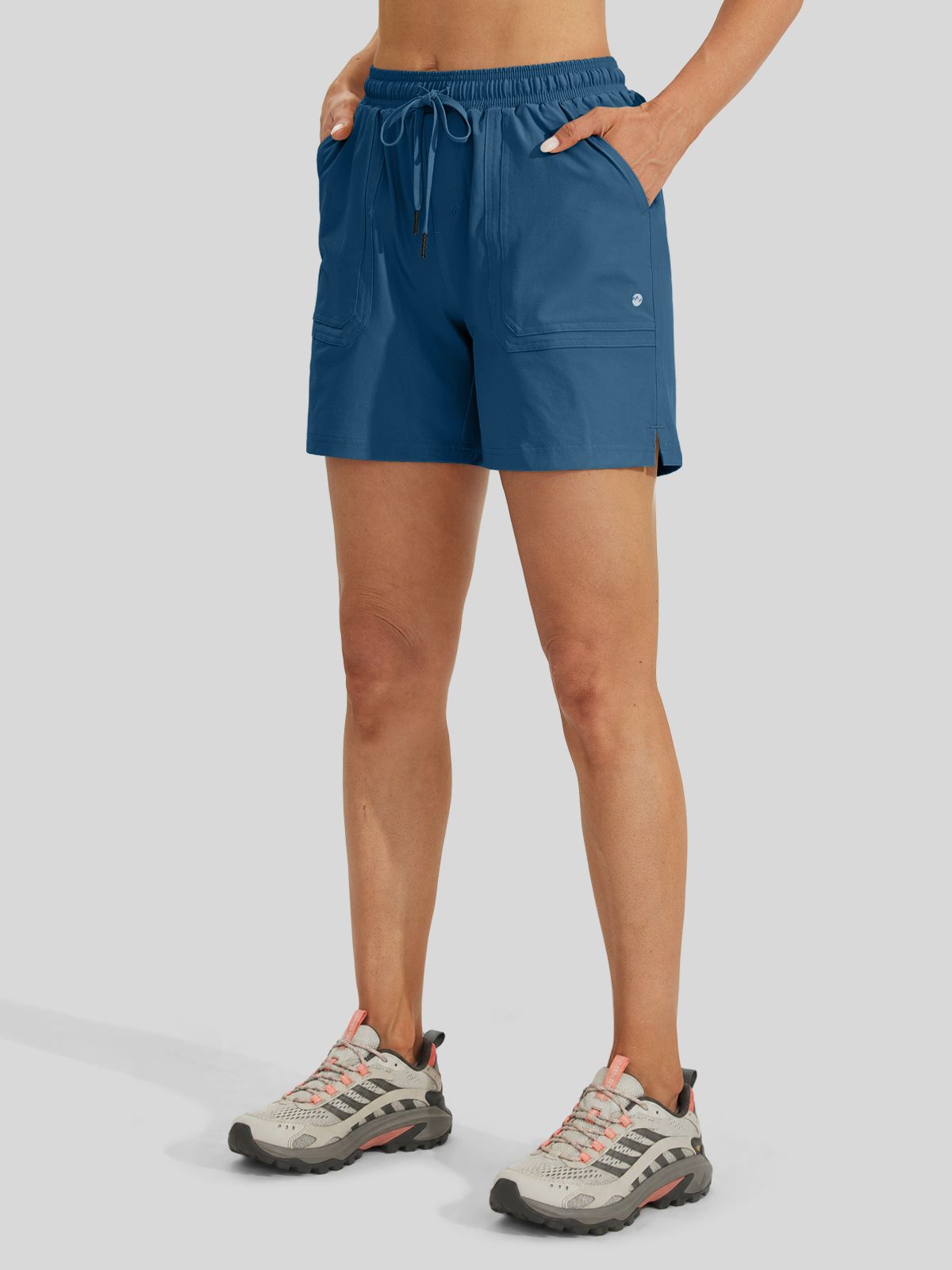 A model from the waist down wearing lightweight drawstring shorts side-view 