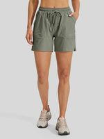 A model from the waist down wearing lightweight drawstring shorts front-view 