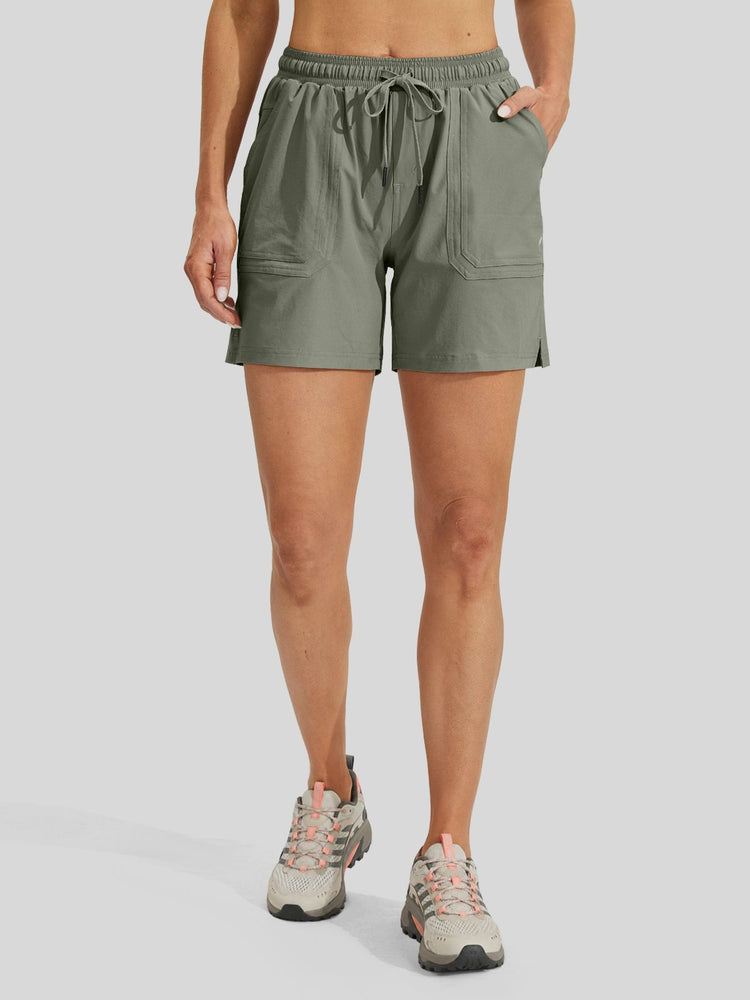 A model from the waist down wearing lightweight drawstring shorts front-view 