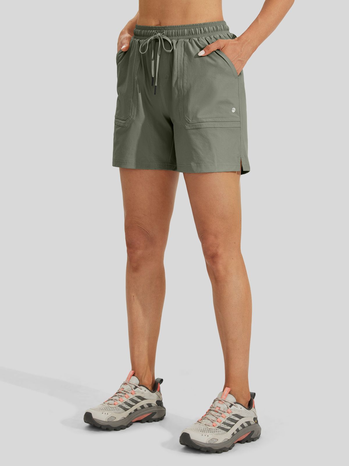 A model from the waist down wearing lightweight drawstring shorts side-view 