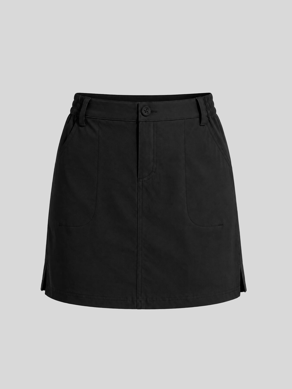 A black high-waisted mini skirt with belt loops, a button closure at the waist, and two large front patch pockets 