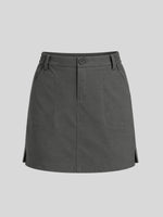 A dark gray mini skirt with a button closure at the waist, side pockets, and a straight silhouette 