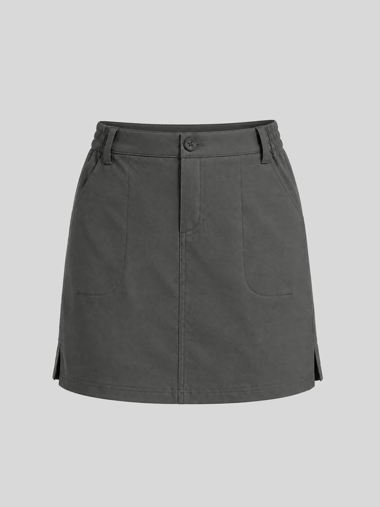 A dark gray mini skirt with a button closure at the waist, side pockets, and a straight silhouette 