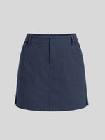 A navy blue utility-style mini skirt with a button closure at the waist, belt loops, side pockets, and a flared silhouette, 