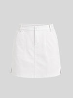 A white high-waisted mini skirt with a button closure, belt loops, and side slit pockets 