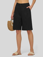 Women's beige pleated linen shorts 