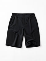 Women's cargo shorts with an elastic waistband, laid flat 