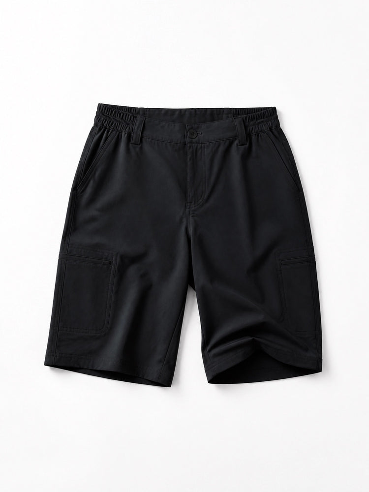 Women's cargo shorts with an elastic waistband, laid flat 
