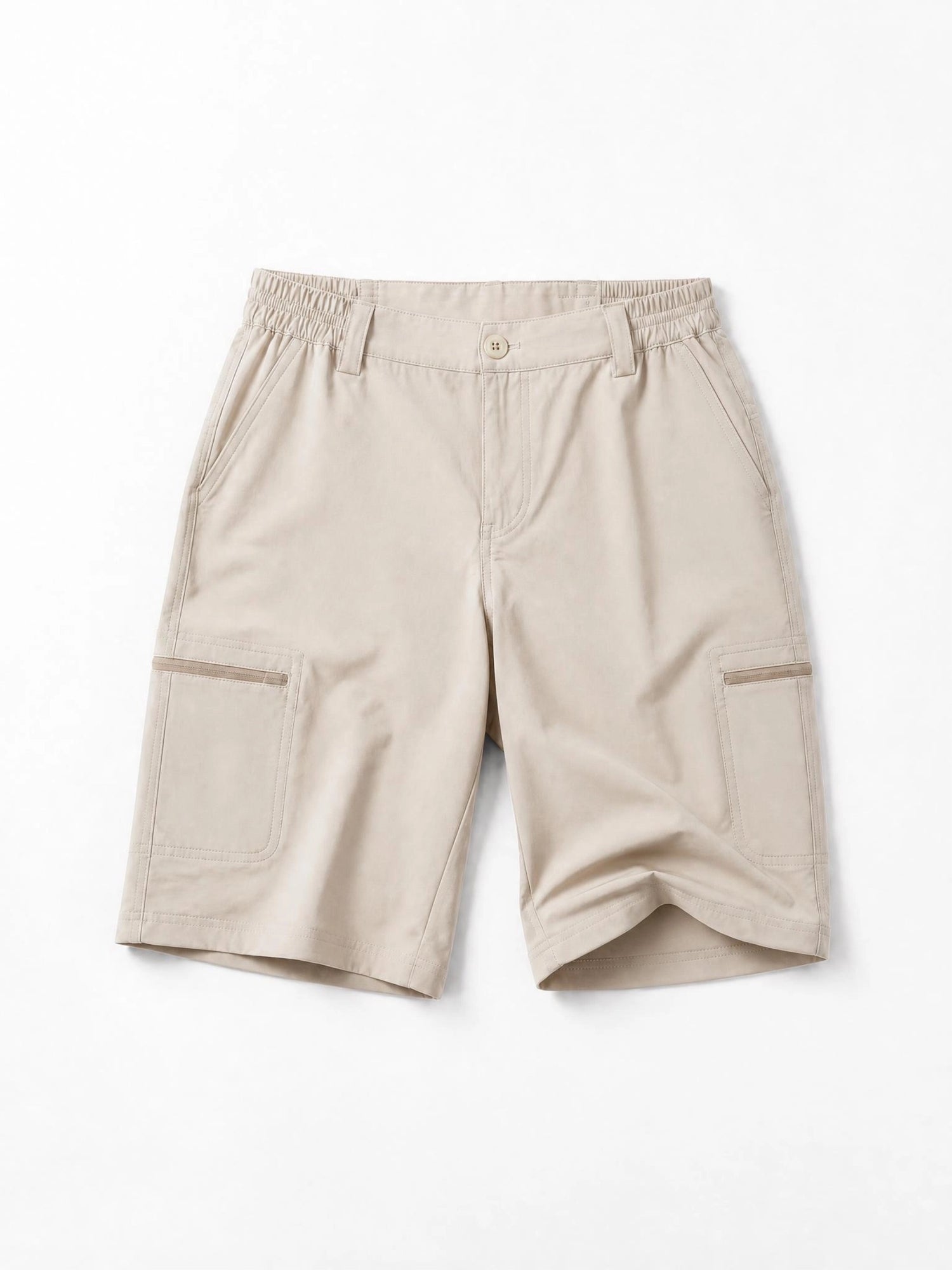 Women's cargo shorts with an elastic waistband, laid flat 