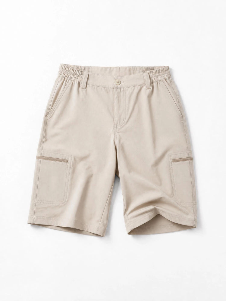 Women's cargo shorts with an elastic waistband, laid flat 