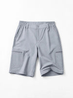 Women's cargo shorts with an elastic waistband, laid flat 