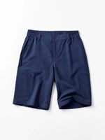 Women's cargo shorts with an elastic waistband, laid flat 