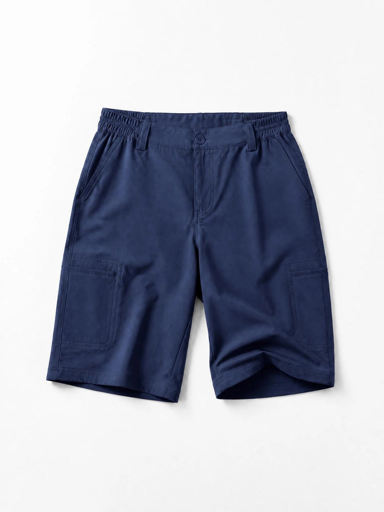 Women's cargo shorts with an elastic waistband, laid flat 