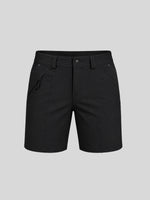 Women's black outdoor golf shorts featuring a front zipper pocket and 7-inch inseam 