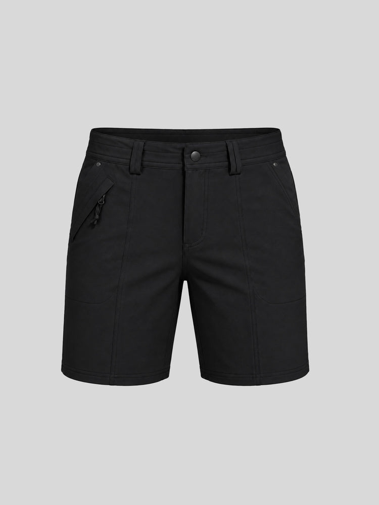 Women's black outdoor golf shorts featuring a front zipper pocket and 7-inch inseam 