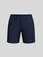 Women's deep-blue outdoor golf shorts featuring a front zipper pocket and 7-inch inseam 