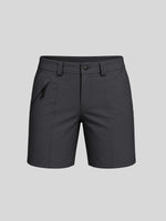 Women's gray outdoor golf shorts featuring a front zipper pocket and 7-inch inseam 