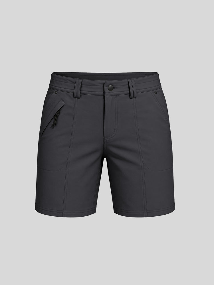Women's gray outdoor golf shorts featuring a front zipper pocket and 7-inch inseam 