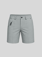 Women's gray outdoor golf shorts featuring a front zipper pocket and 7-inch inseam 