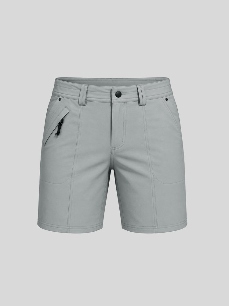 Women's gray outdoor golf shorts featuring a front zipper pocket and 7-inch inseam 