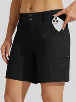 Black cargo shorts with a buttoned waistband and side cargo pocket 