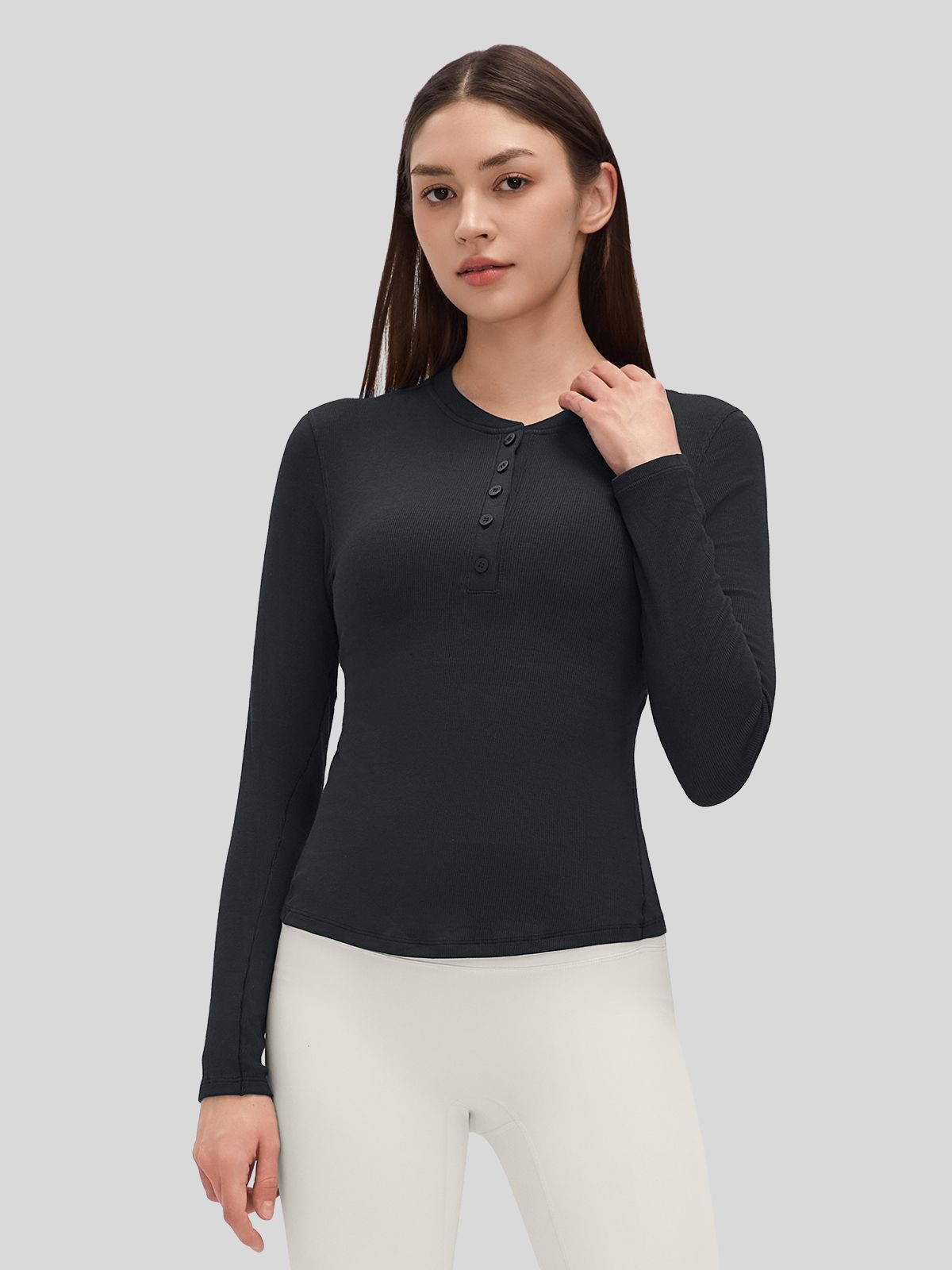 Women_sRibbed Henley Long Sleeve Top 
