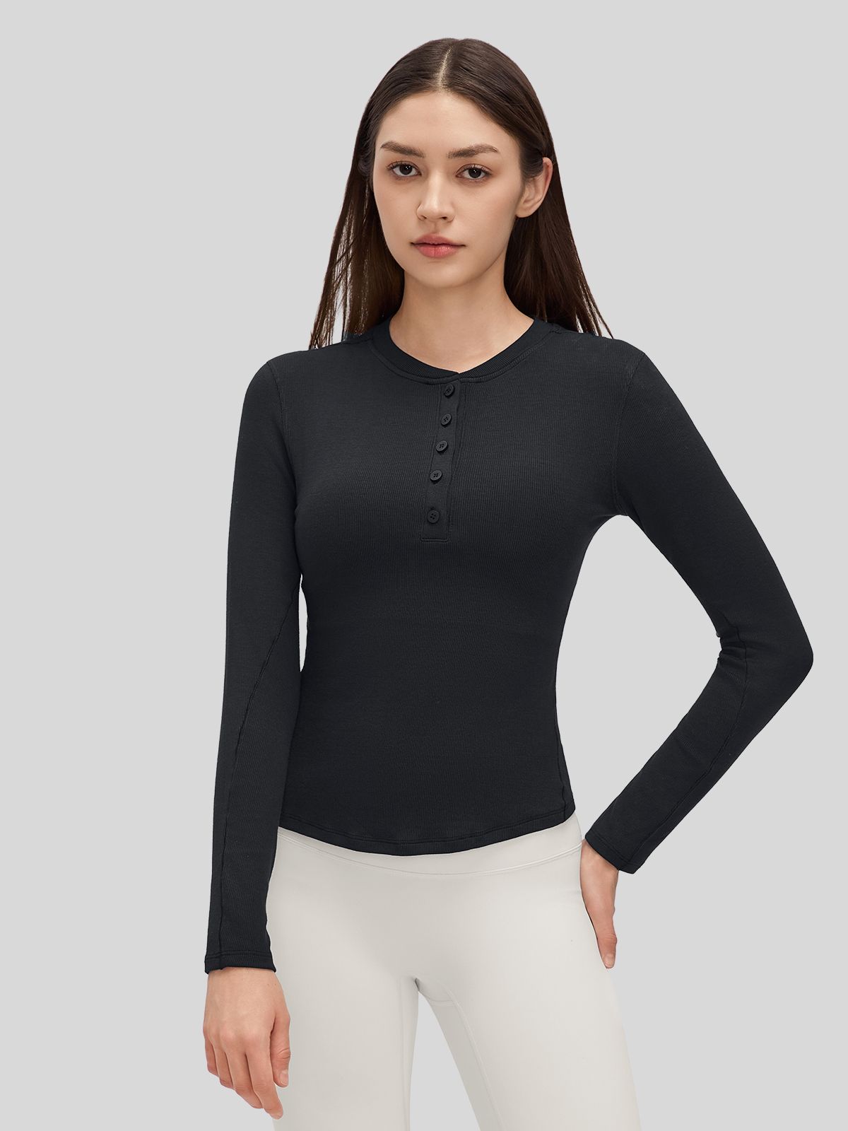 Women_sRibbed Henley Long Sleeve Top 