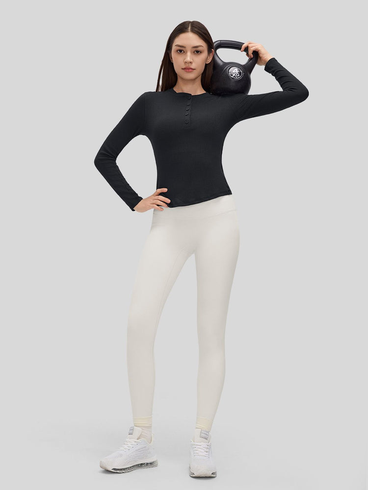 Women_sRibbed Henley Long Sleeve Top 