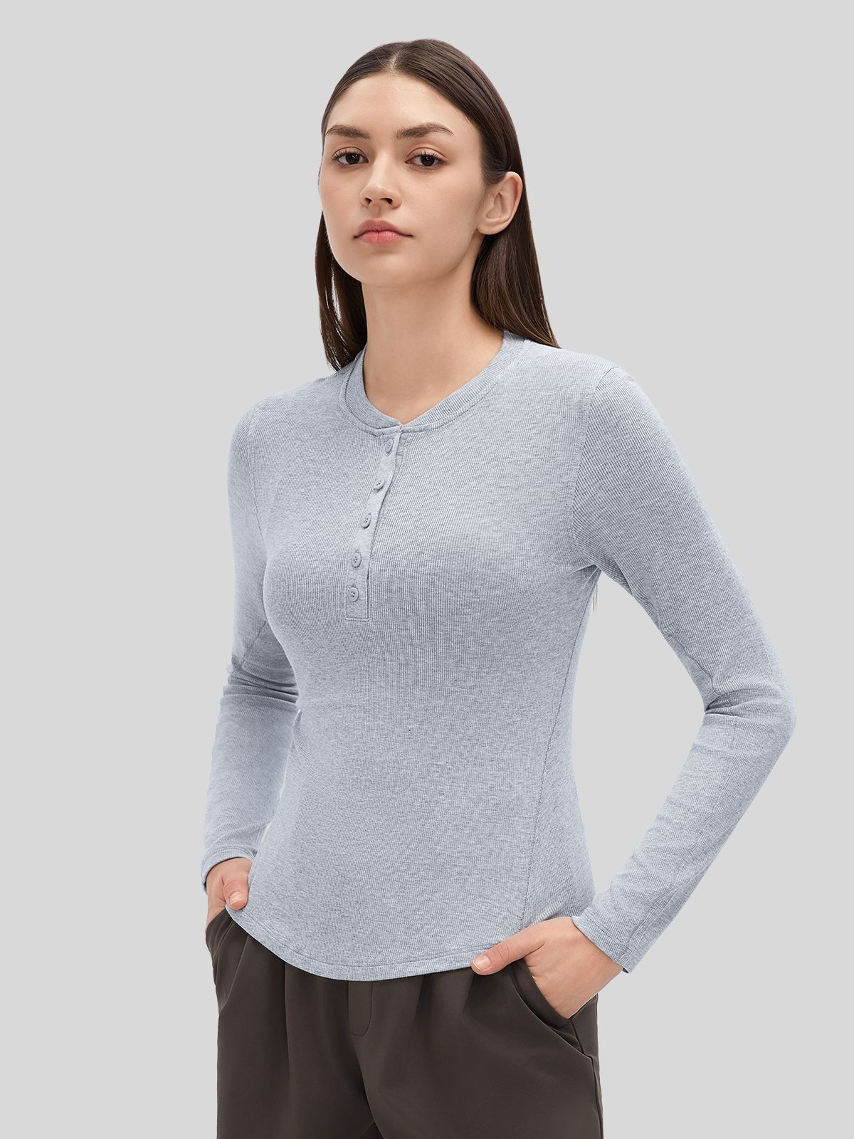 Women_sRibbed Henley Long Sleeve Top 