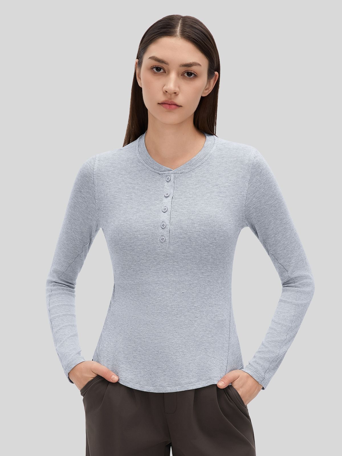 Women_sRibbed Henley Long Sleeve Top 