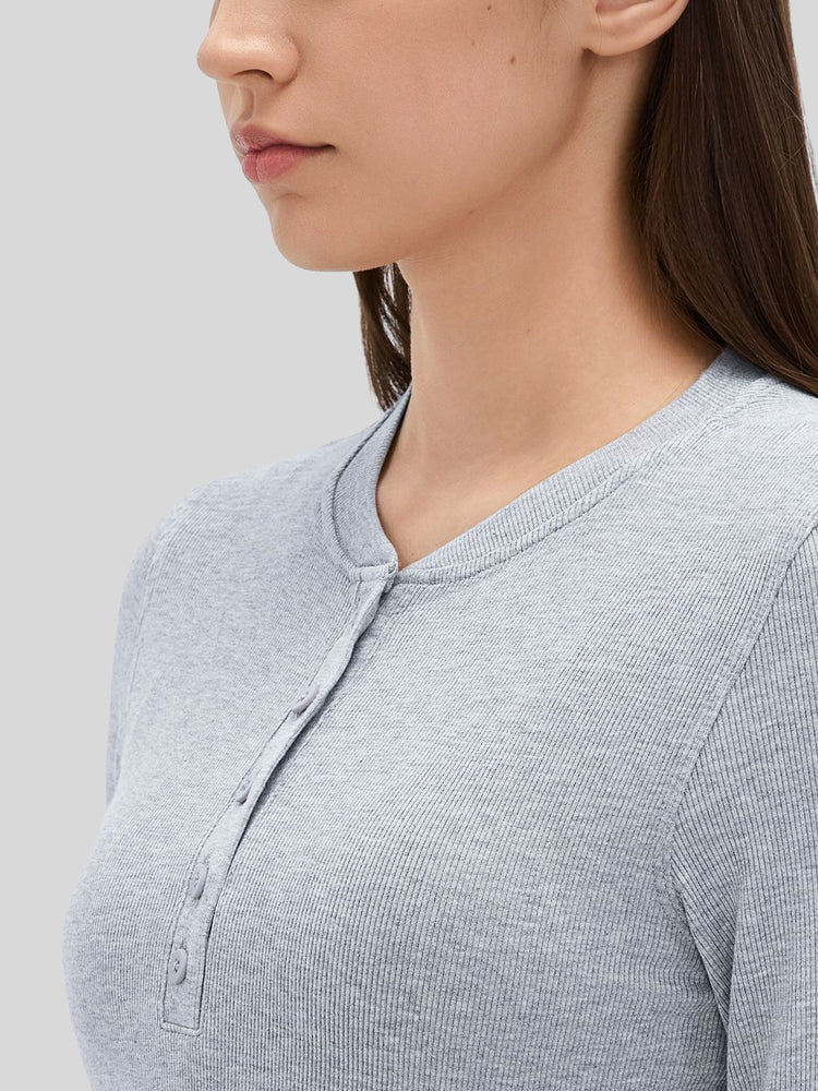 Women_sRibbed Henley Long Sleeve Top 
