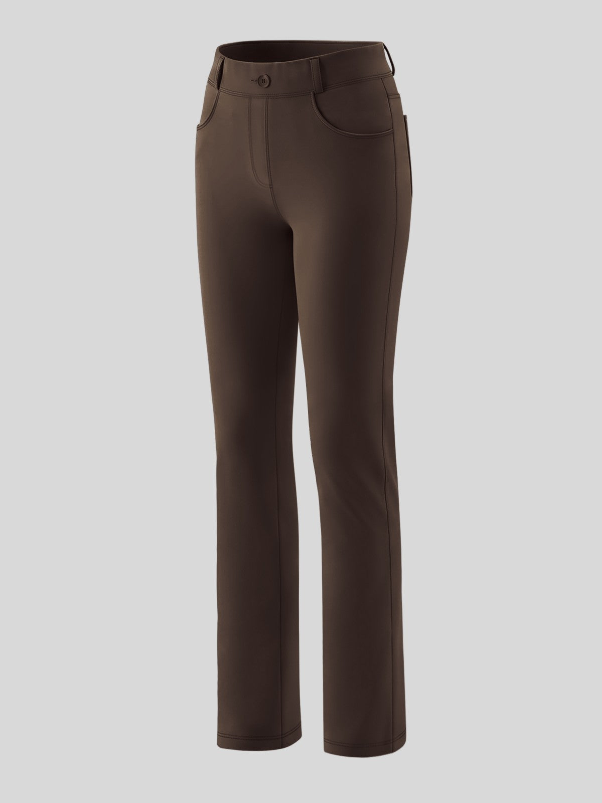 A pair of dark brown straight-leg pants shown on a ghost mannequin Women's Yoga Dress Pants 