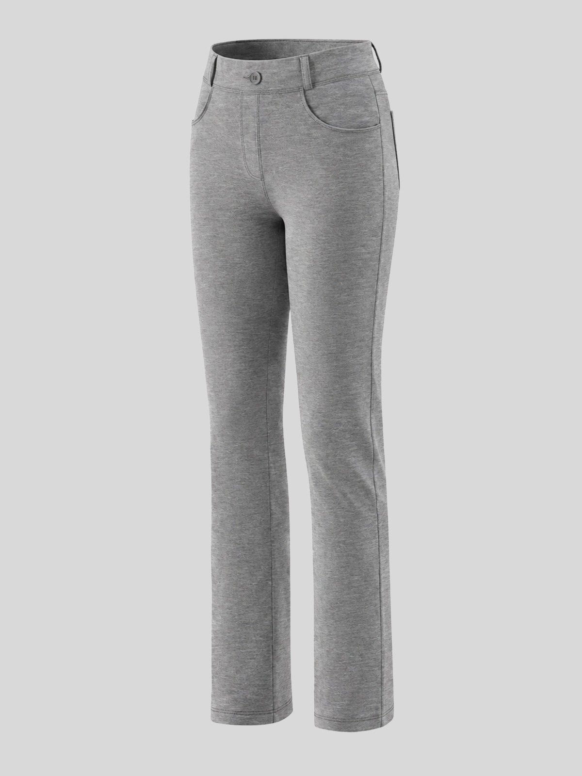 A pair of women's heather gray straight-leg pants with a button closure and side pockets 