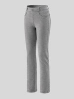 A pair of women's heather gray straight-leg pants with a button closure and side pockets 