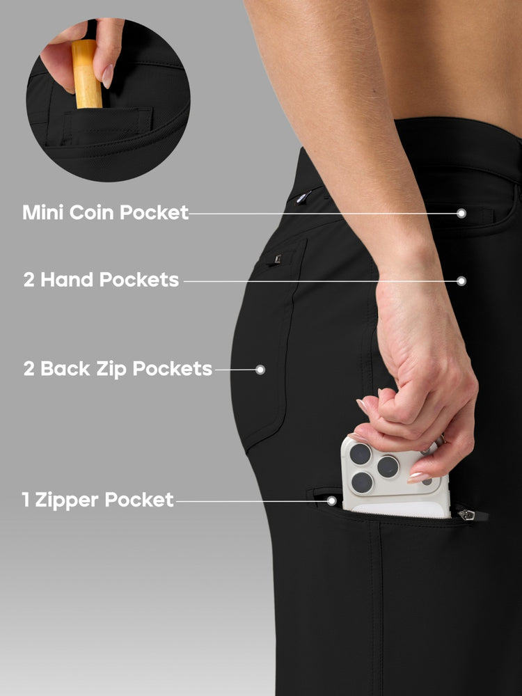Black women's pants shown on a model from the waist down, with labeled feature callouts for a mini coin pocket, two hand pockets, two back zip pockets, and one zipper pocket. A circular inset shows a yellow item placed in the mini coin pocket, and a white phone is tucked into one of the side pockets. 