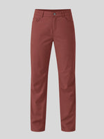 A pair of straight-leg trousers in brick red color, shown flat  