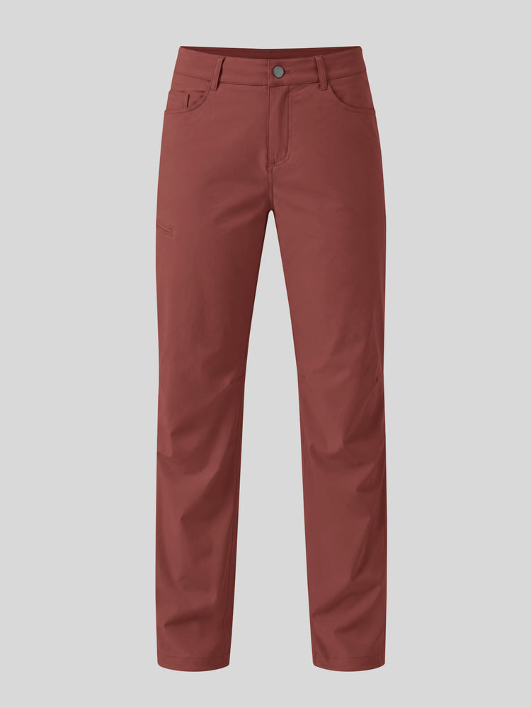 A pair of straight-leg trousers in brick red color, shown flat  