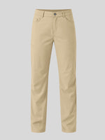 A pair of straight-leg khaki pants shown flat 