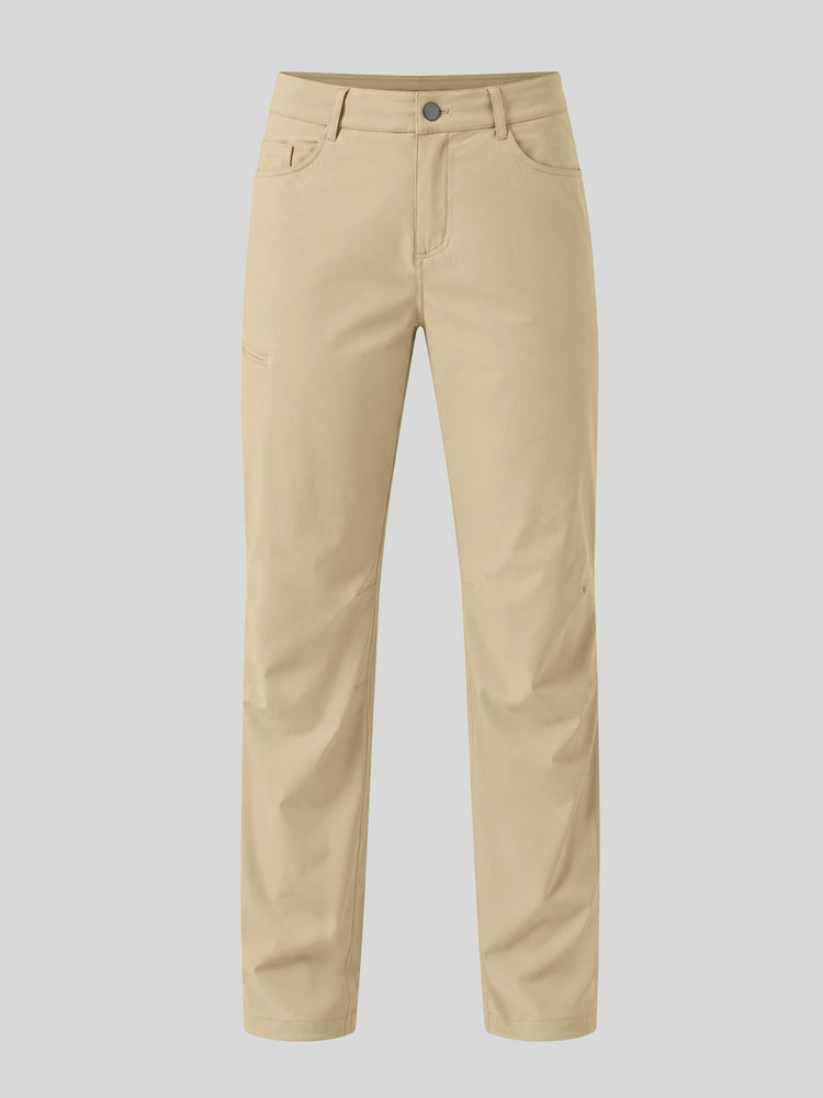 A pair of straight-leg khaki pants shown flat 