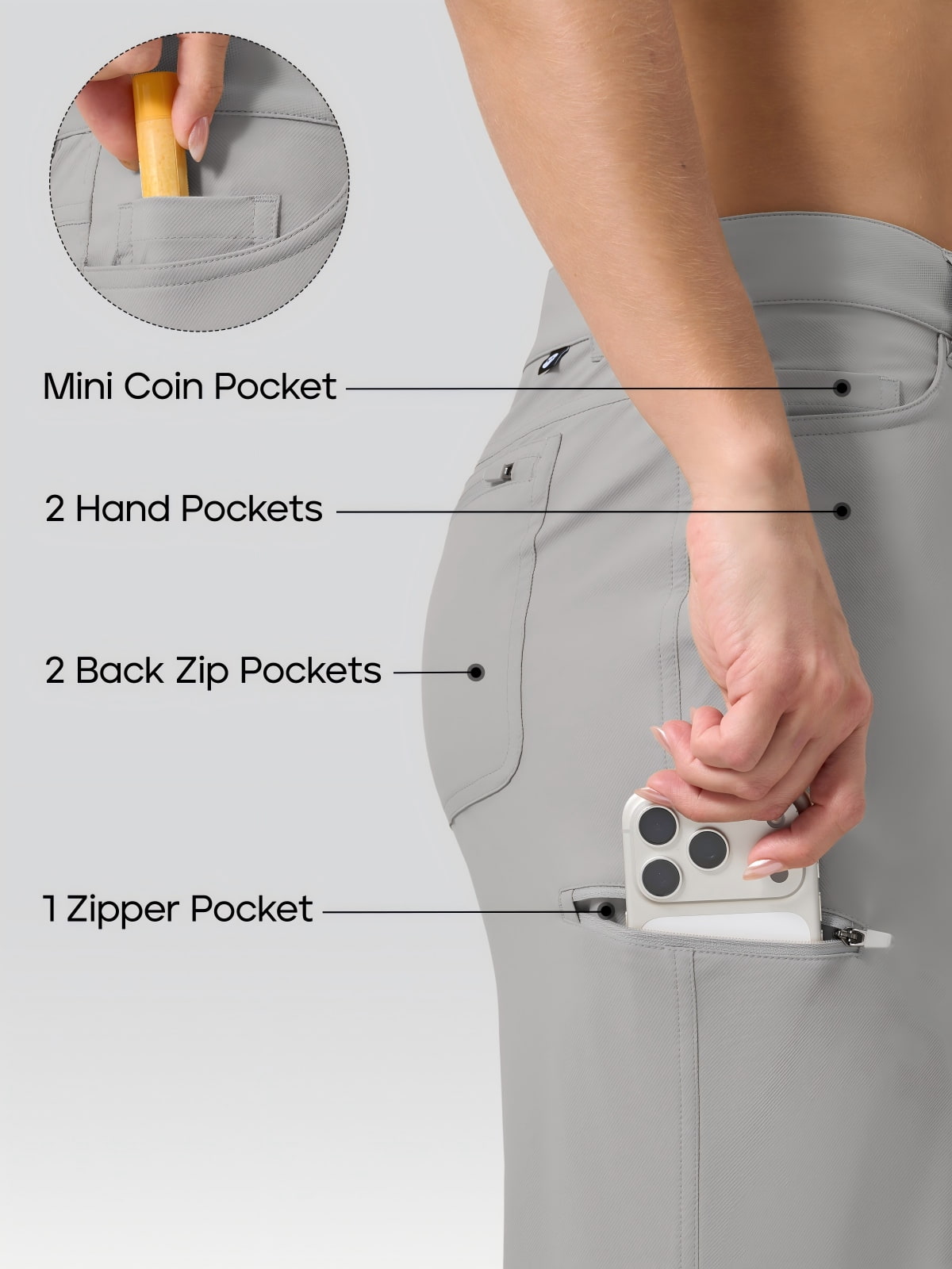 Light gray women's cargo pants shown on a model from the back, with overlaid callouts pointing to features: a mini coin pocket, 2 hand pockets, 2 back zip pockets, and 1 zipper pocket. A hand is shown placing a phone in one of the pockets, and a circular inset shows a yellow item in the mini coin pocket. 