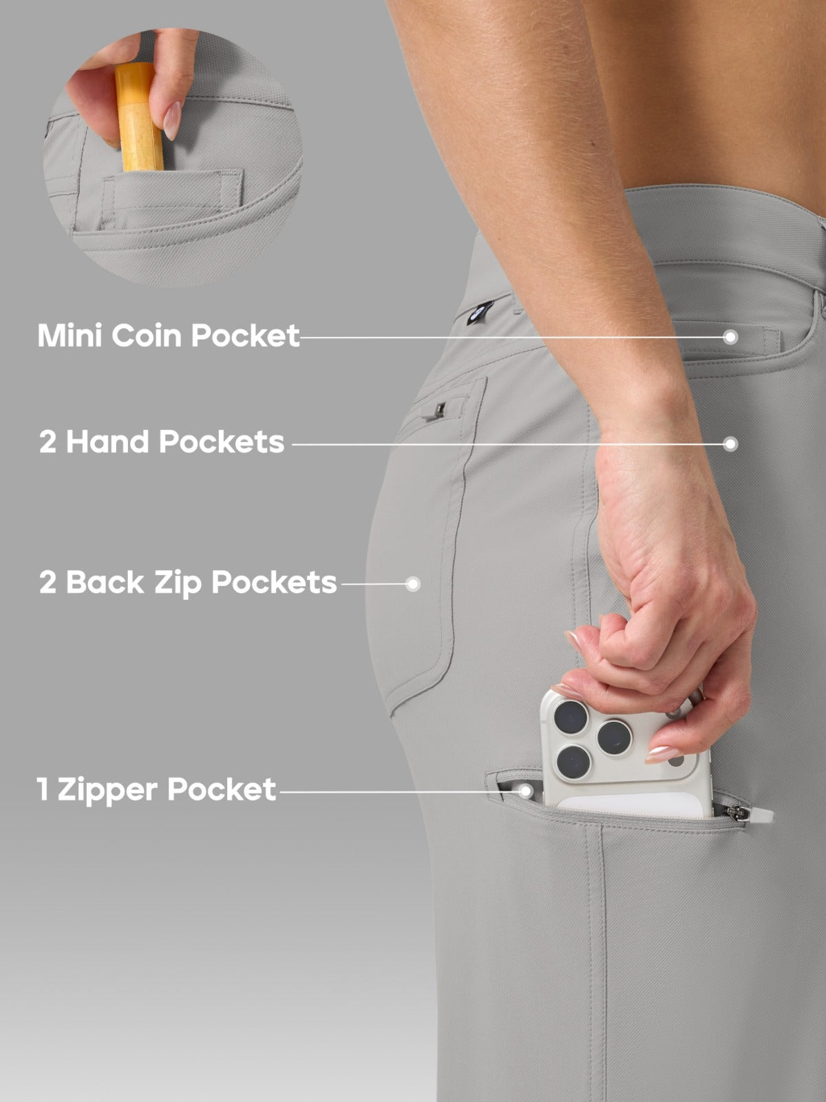 Light gray women's cargo pants shown on a model from the back, with overlaid callouts pointing to features: a mini coin pocket, 2 hand pockets, 2 back zip pockets, and 1 zipper pocket. A hand is shown placing a phone in one of the pockets, and a circular inset shows a yellow item in the mini coin pocket. 