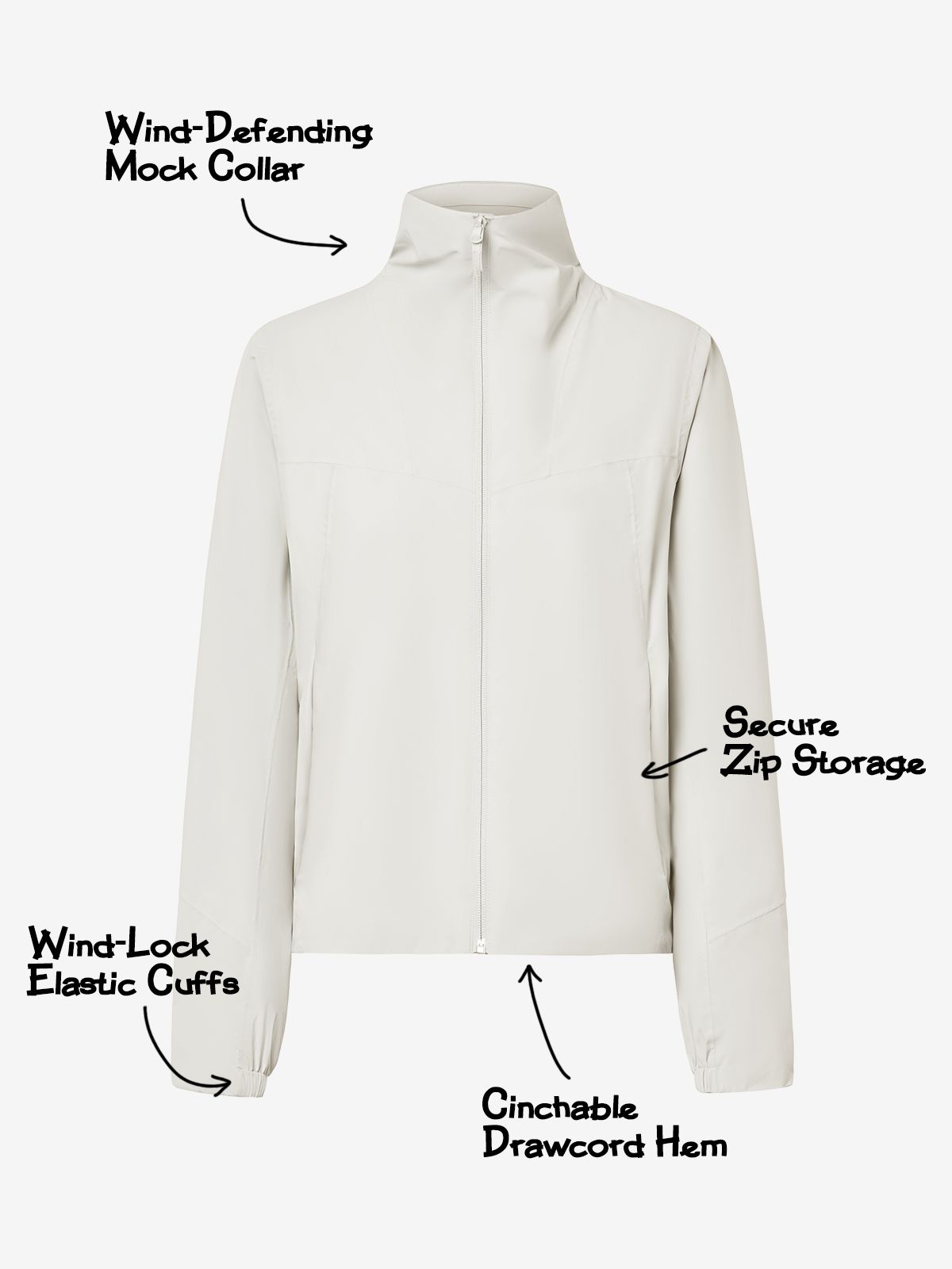 An off-white zip-up jacket with a mock collar, highlighting features like a wind-defending mock collar, secure zip storage, wind-lock elastic cuffs, and cinchable drawcord hem. 