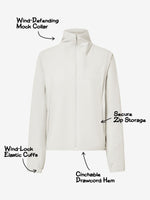 An off-white zip-up jacket with a mock collar, highlighting features like a wind-defending mock collar, secure zip storage, wind-lock elastic cuffs, and cinchable drawcord hem. 