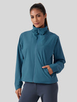 woemn's teal blue full-zip athletic jacket with a high collar, fleece-lined  