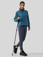 woemn's teal blue full-zip athletic jacket with a high collar, fleece-lined  