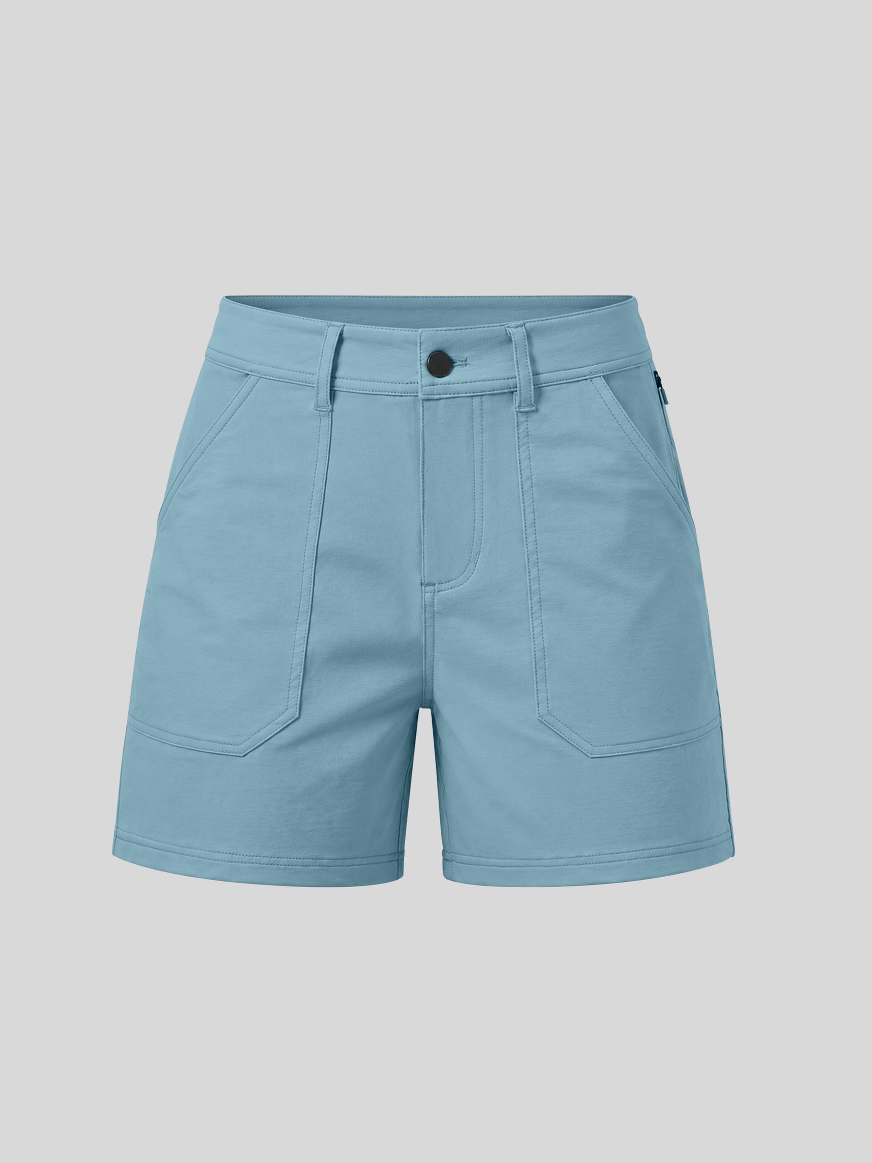 Light blue utility shorts with a button closure, belt loops, and large front patch pockets 