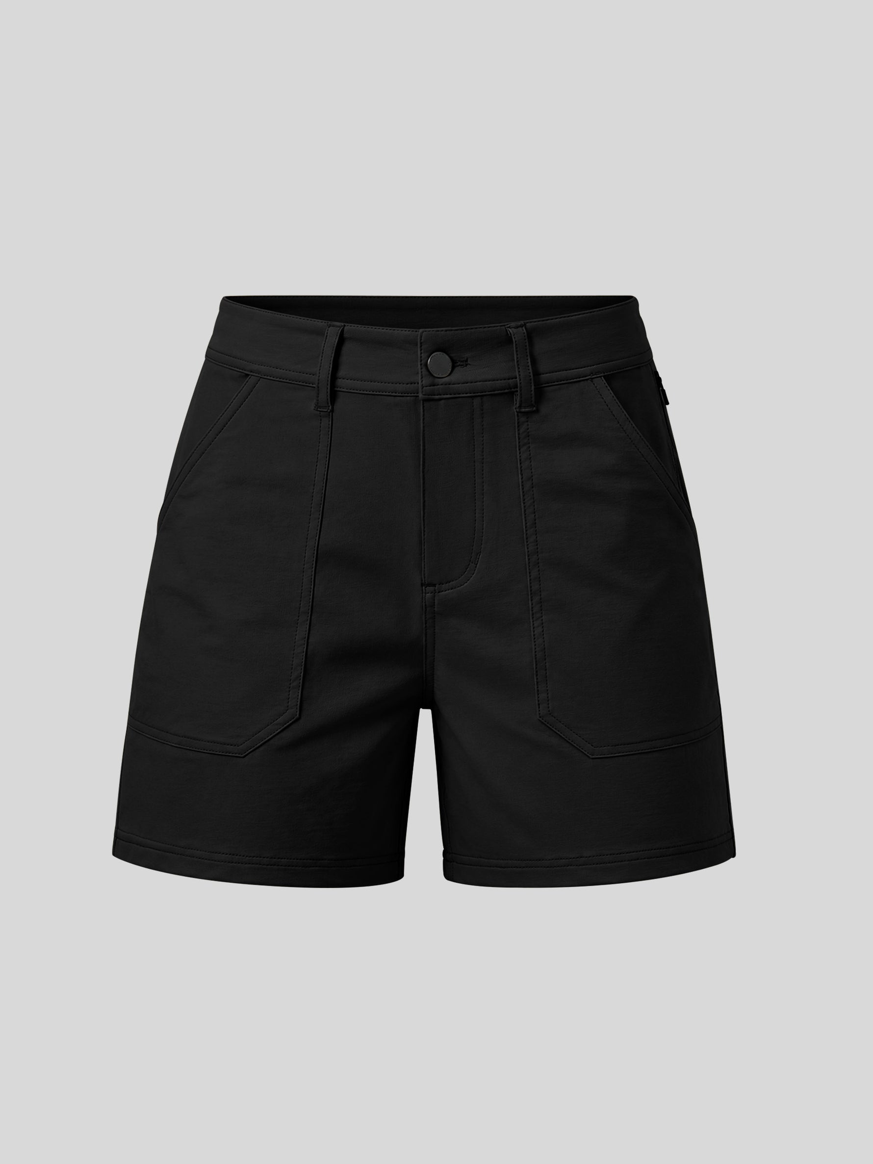 Black utility shorts with a button closure, belt loops, and large front patch pockets 