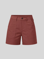 A pair of dusty rose utility shorts with a button closure, belt loops, and large front patch pockets 
